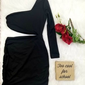 One Shoulder Black Ruched Cut-out Dress